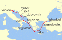 Cruise itinerary map for Oceania Cruises 9 Night Return to Constantinople Venice to Istanbul (138328)