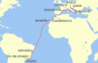 Cruise itinerary map for MSC Cruises 20 Night MSC Grand Voyages (128382)