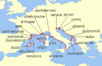 Cruise itinerary map for Silversea Cruises 24 Night Nice To Fusina (Venice) (140510)