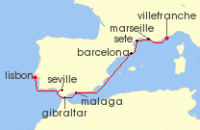 Cruise itinerary map for Silversea Cruises 10 Night Nice To Lisbon (126432)