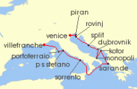 Cruise itinerary map for Silversea Cruises 12 Night Nice To Fusina (Venice) (140508)