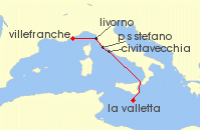 Cruise itinerary map for Silversea Cruises 6 Night Nice To Valletta (137028)