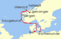 Cruise itinerary map for TUI Cruises 7 Nachte - Naturwunder Fjordland - Ab Warnemunde/Bis Kiel (128759)