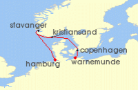 Cruise itinerary map for AIDA 5 Nacht Kurzreise nach Norwegen & Danemark ab Warnemunde (139656)