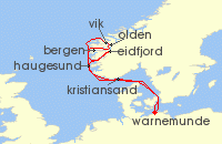 Cruise itinerary map for AIDA 9 Nacht Norwegens Fjorde ab Warnemunde 2 (134636)