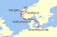 Cruise itinerary map for AIDA 7 Nacht Norwegens Fjorde ab Warnemunde (101109)