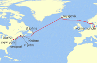 Cruise itinerary map for AIDA 17 Nacht Transatlantik von Warnemunde nach New York (129669)