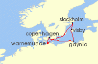 Cruise itinerary map for AIDA 7 Nacht Schweden, Polen & Danemark ab Warnemunde (83090)