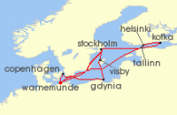 Cruise itinerary map for AIDA 14 Nacht Highlights der Ostseekuste ab Warnemunde (134654)