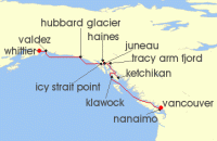 Cruise itinerary map for Azamara Cruises 11 Night Cruise Alaska Cruise: Hubbard Glacier, Juneau & Ketchikan (127078)