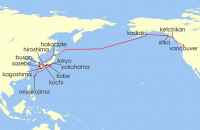 Cruise itinerary map for Silversea Cruises 27 Night Yokohama (Tokyo) To Vancouver (140573)