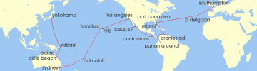Cruise itinerary map for Cunard Line 62 Night Yokohama To Southampton (140366)