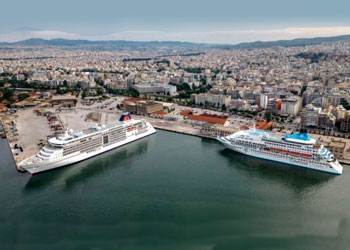 Europa 2 and Celestyal Crystal moored at Thessaloniki, Greece